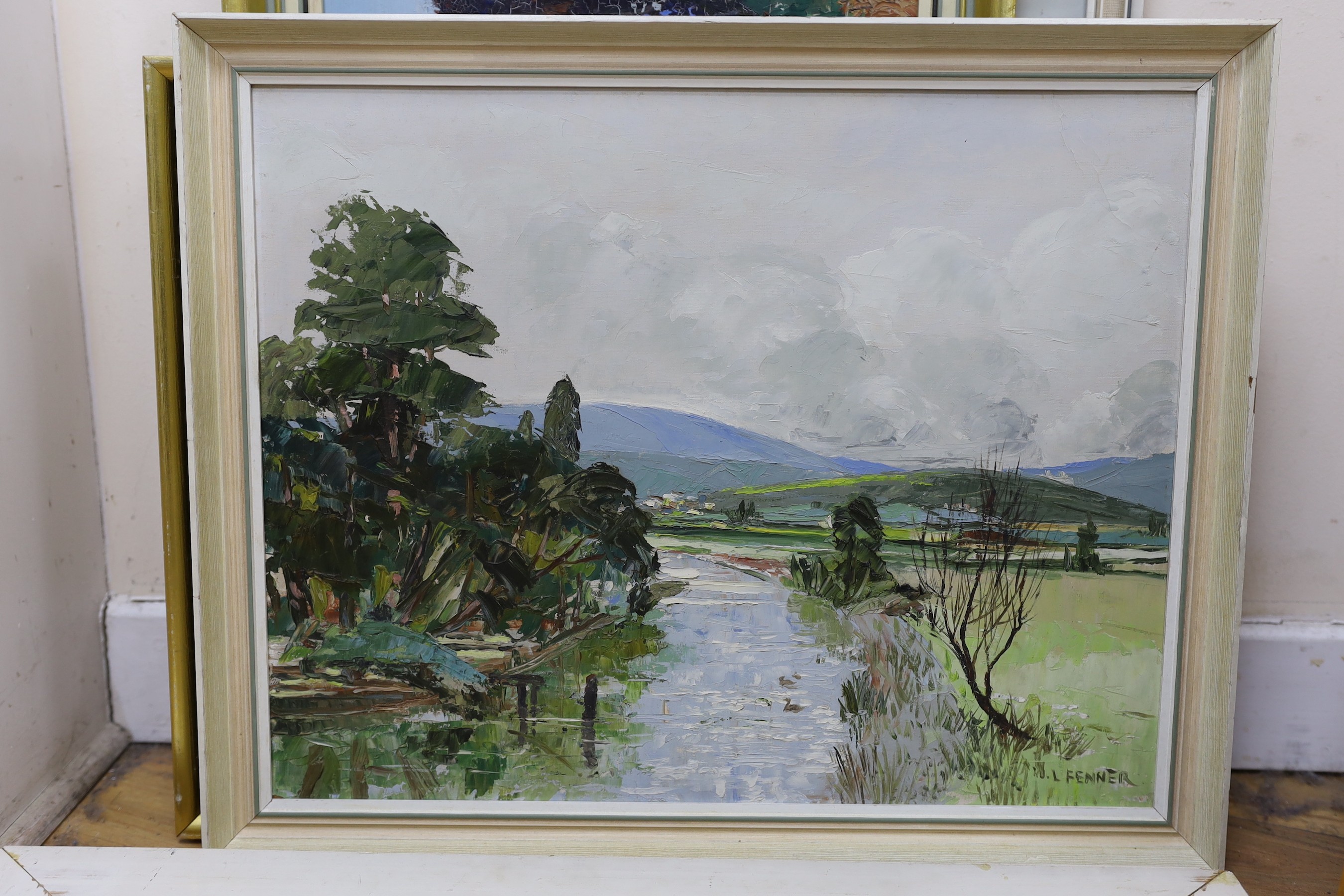 Walter Leslie Fenner (1927-2007), five oils and a watercolour, Coastal view and assorted landscapes, signed, largest 38 x 49cm